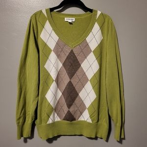 Size 1X St. John's Bay Green/White/Brown/Black Argyle Sweater